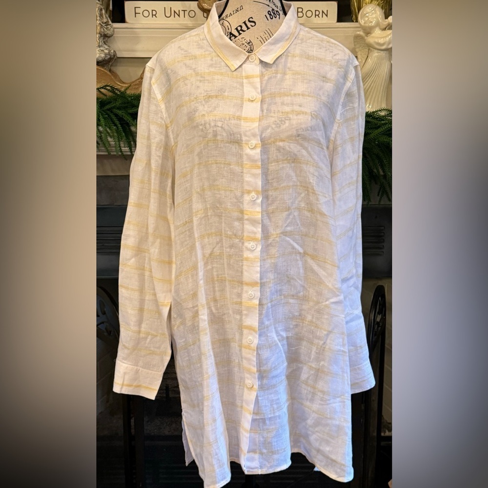 Garnet Hill White Linen Blouse Yellow Stripes Button Front Longer Length Tunic